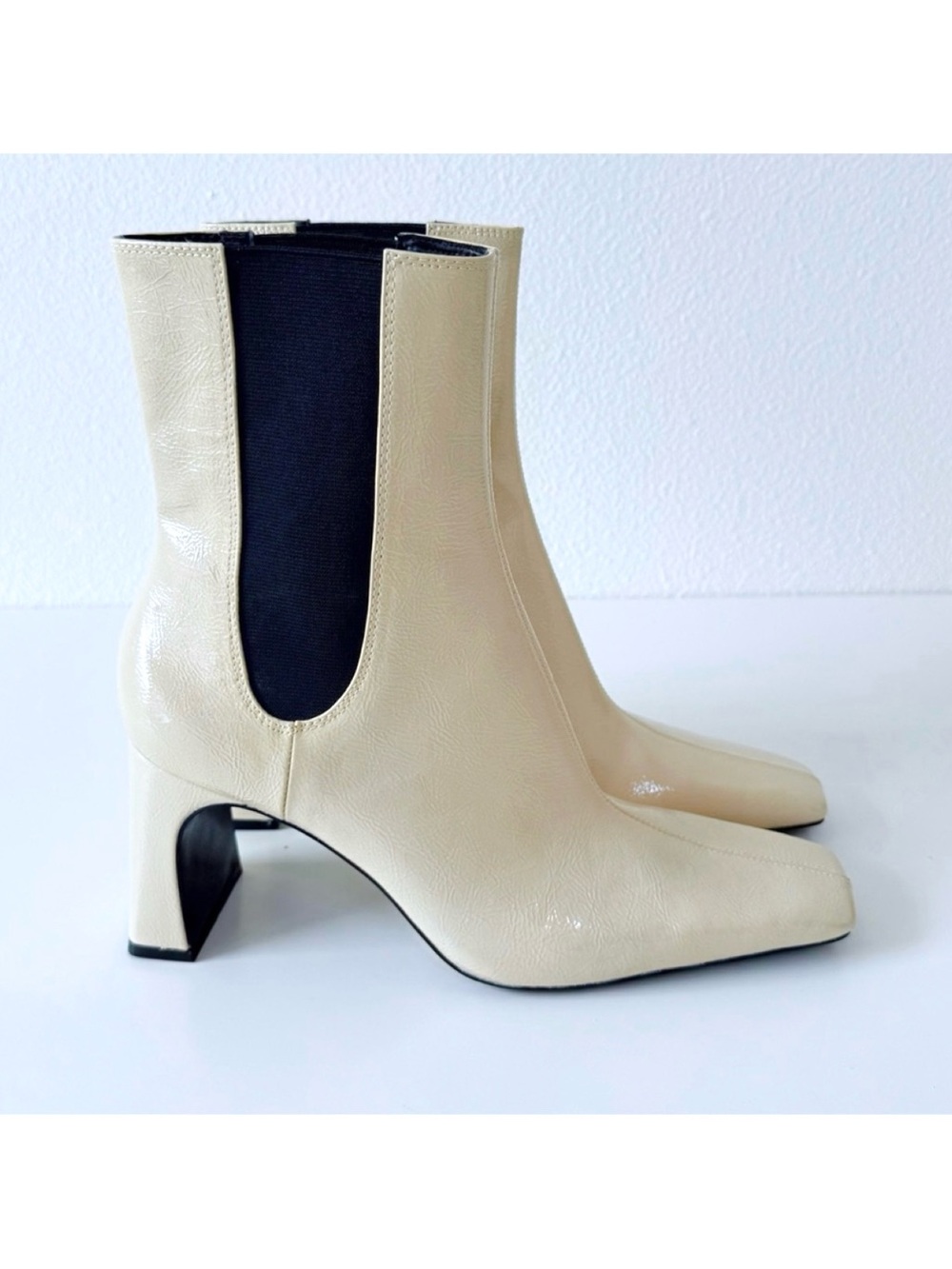 Zara Patent Square-Toe Heeled Ankle Boots-Ecru-Women’s Size 9 Vegan - Picture 1 of 14